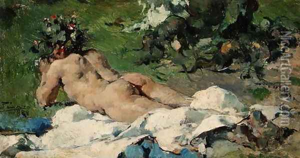 Study of a Nude, 1888 Oil Painting - Ignacio Pinazo Camarlech