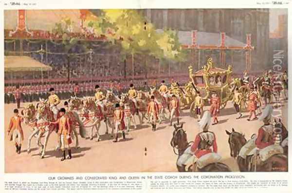 Our Crowned and Consecrated King and Queen in the State Coach During the Coronation Procession on 12th May 1937 from The Sketch 19th May 1937 Oil Painting - A.C. Michael