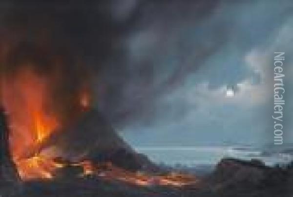The Bay Of Naples; Vesuvius In Eruption With The Bay Of Naples In The Distance, A Pair Oil Painting - Gioacchino La Pira