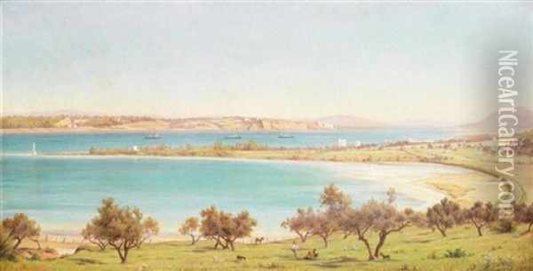 Bergers Devant Le Lac D'ichkeul, Tunisie Oil Painting - Auguste Bougourd