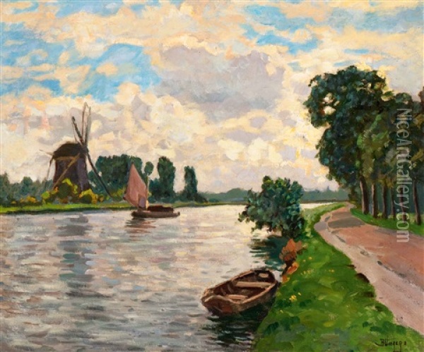View Of A Canal By Sunset Oil Painting - Bernardus Petrus (Ben) Viegers