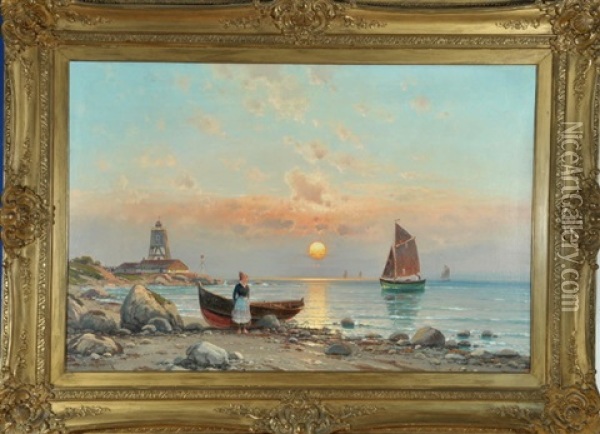 Hollanderin Mit Boot Am Strand Bei Sonnenuntergang Oil Painting - Adriaan Van Doorn