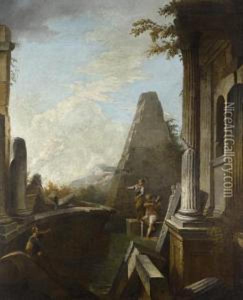 Figures Amongst Classical Ruins, With A Pyramid In The Distance Oil Painting - Domenico Roberti