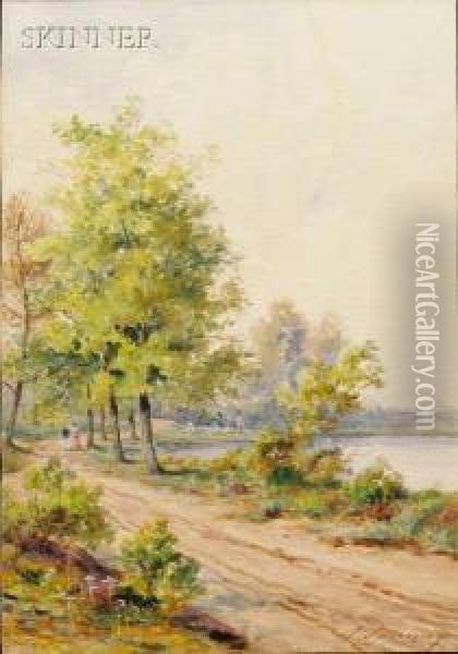 Path By The Lake. Oil Painting - Adrien Aime Taunay