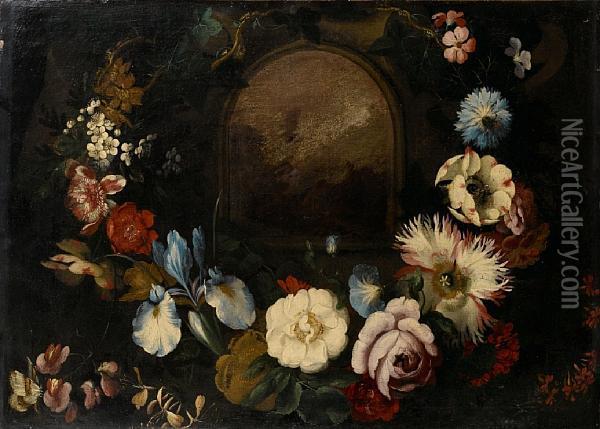 An Iris, A Rose, Honeysuckle And Other Flowers In A Garland Surrounding A Stone Niche Oil Painting - Jan Peeter Brueghel