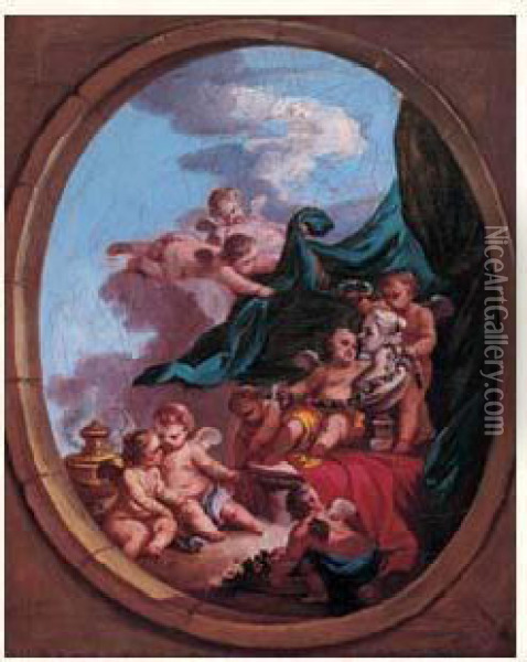 Amours Couronnant Le Buste De Flore Dans Un OEil-de-boeuf En Trompe-l'oeil Oil Painting - Carle van Loo