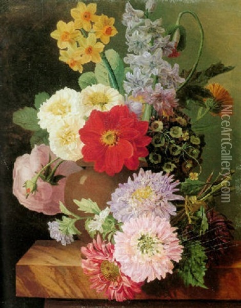 Still Life Of Narcissus, Zinnias And Various Other Flowers In A Vase Resting On A Marble Ledge Oil Painting - Marie-Edwige Nepveu