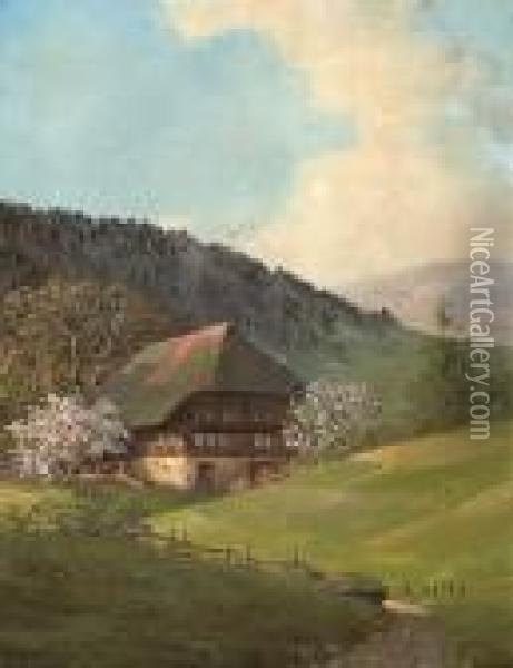 In Fruhlingshafter Schwarzwaldlandschaft Von Bluhenden Baumen Flankiertes Bauernhaus Oil Painting - Karl Hauptmann