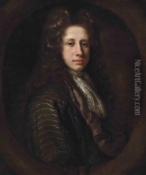 Portrait Of A Gentleman, Possibly Lord John Somers, Bust-length, In An Embroidered Coat And A Lace Ruff, In A Sculpted Cartouche Oil Painting - Simon Dubois