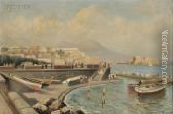 Bustling Harbor, Bay Of Naples Oil Painting - Oscar Ricciardi