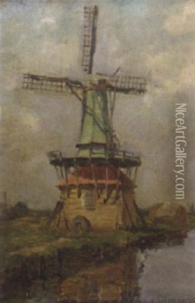 A Windmill By The Canal Oil Painting - Joseph Yelverton Dawbarn