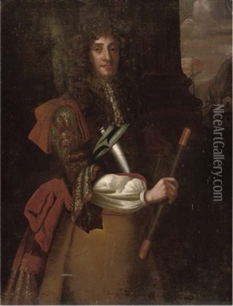 Portrait Of James Ii, A Telescope In His Right Hand, With Ships Beyond Oil Painting - John Riley