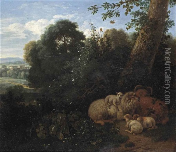 A Wooded Landscape With Sheep Resting, A Ruin Beyond Oil Painting - Jan van der Meer