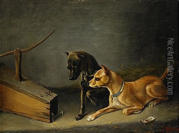 Hundvalpar Vid Rattfalla Oil Painting - Johan-Gustaf von Holst