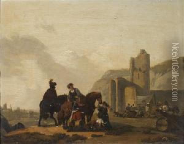 Une Halte De Cavaliers Devant Un Chateau En Ruines Oil Painting - Michel Hamon-Duplessis