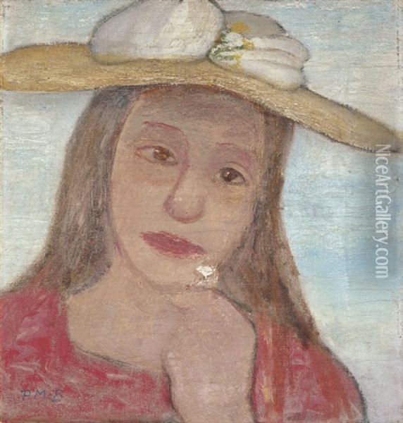 Kopf Eines Jungen Madchens Mit Strohhut Und Blume In Der Erhobenen Hand Oil Painting - Paula Modersohn-Becker