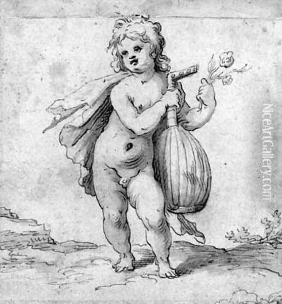 A putto holding a lute and a rose Oil Painting - Abraham Bloemaert