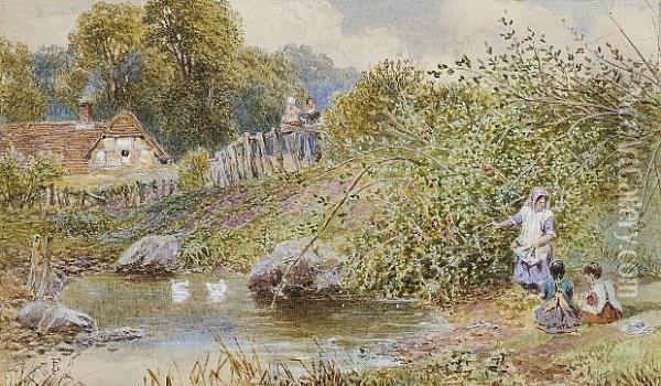The Village Pond Oil Painting - Myles Birket Foster