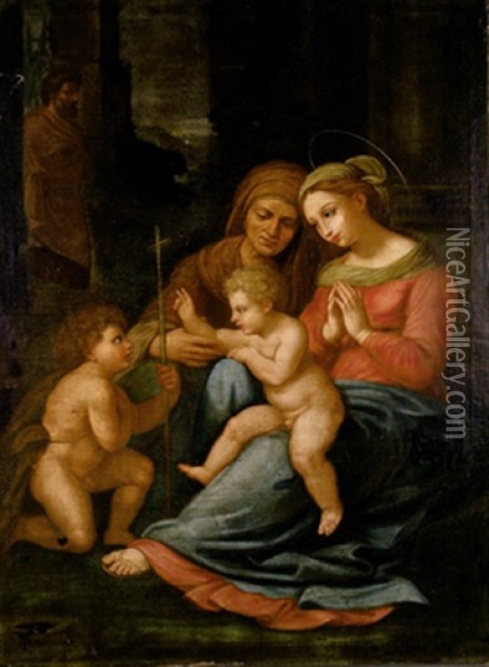 La Sacra Famiglia Con Sant Anna E Il Giovannino (after Raffaello) Oil Painting - Lorenzo Bergonzoni