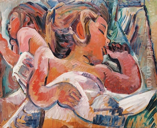 Girl Sucking Her Thumb (probably The Artist's Daughter)(recto); Mounted Police On City Street, N.y. 9verso) Oil Painting - Pegi Nicol Macleod
