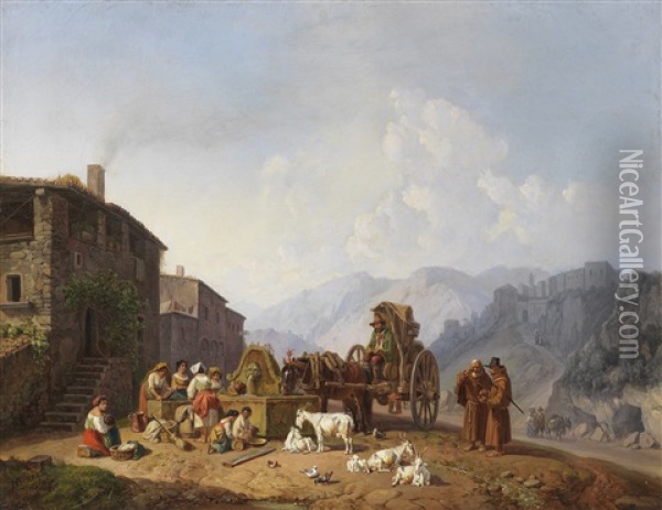 Am Dorfbrunnen In Den Italienischen Bergen Oil Painting - Heinrich Buerkel