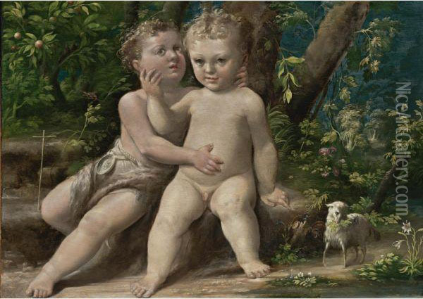 Infant Christ With The Infant Saint John The Baptist Oil Painting - Girolamo Mazzola Bedoli