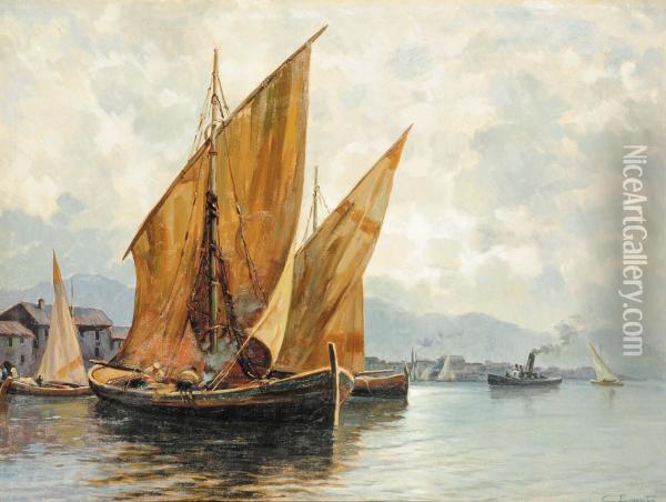 Barche E Pescatori In Porto Oil Painting - Cesare Esposito