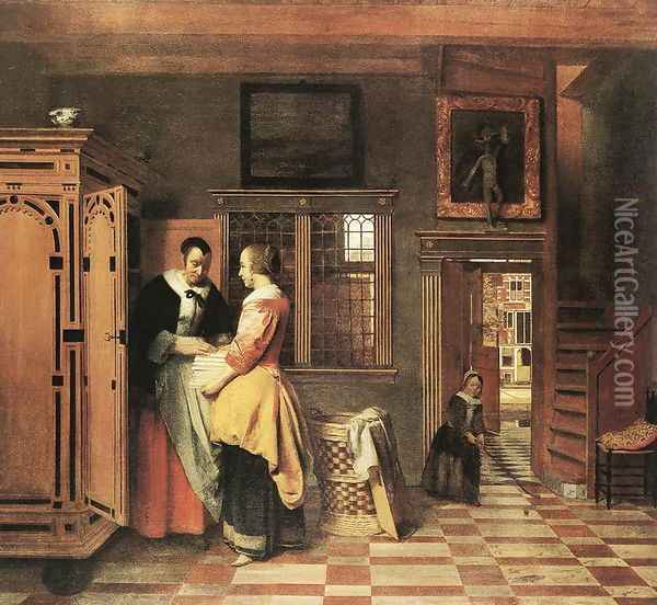 At the Linen Closet 1665 Oil Painting - Pieter De Hooch