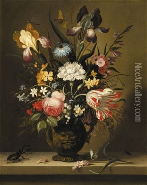A Still Life Of Flowers, Including A Parrot Tulip, Irises And Roses, In A Grotesque Vase With Insects And A Stag Beetle On A Stone Ledge Oil Painting - Jacob Marrel