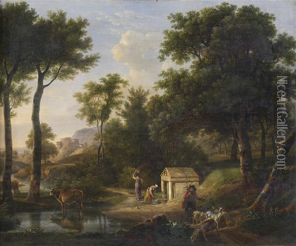 Scene Pastorale A La Fontaine Dans Un Paysage Classique Oil Painting - Jean Louis (Marnette) De Marne