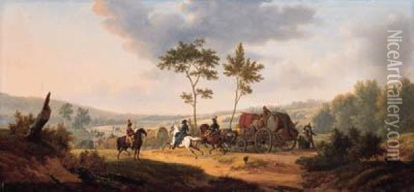 An Extensive Wooded Landscape With Cavalrymen Escorting A Wagontrain Oil Painting - Joseph Swebach-Desfontaines