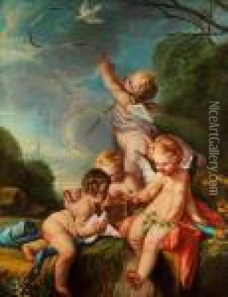 Amorknabe Im Kreis Von Amoretten Mitvogelkafig Oil Painting - Francois Boucher