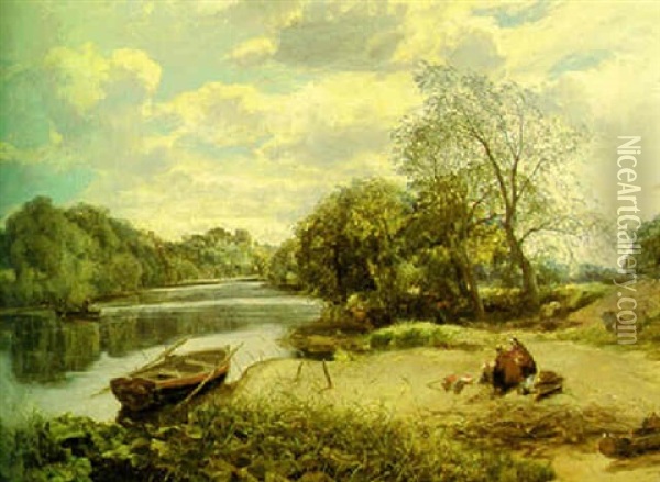 Uddingston Ferry On The River Clyde, With Bothwell Castle Beyond Oil Painting - Alexander Fraser the Younger