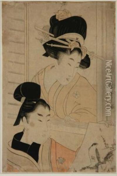 Two Beauties Admiring A Painting Of A Hawk Oil Painting - Kitagawa Utamaro