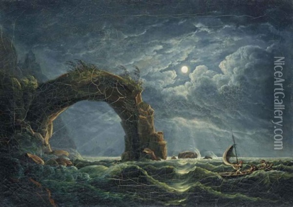 Stormy Seas Around The Arco Di Miseno Oil Painting - Josef Rebell