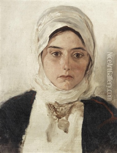 Young Girl With Headscarf Oil Painting - Nikolaus Gysis