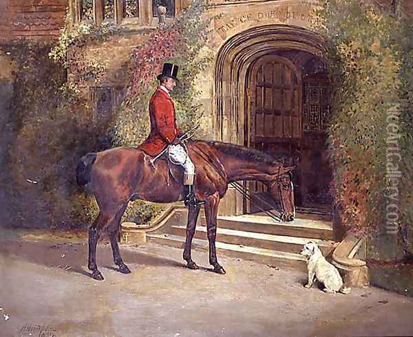 Portrait of the High Sheriff of the County of Rutland seated on his Bay Hunter before Hambleton Hall, 1889 Oil Painting - William Woodhouse