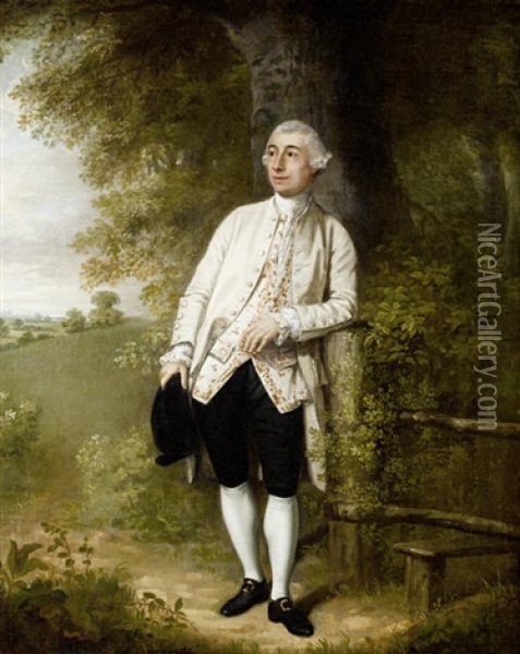 Portrait Of A Gentleman In A White Coat And Embroidered Waistcoat, Holding A Black Hat, Standing Before A Landscape Oil Painting - William Williams