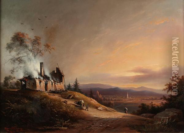 Landscape With House In Flames Oil Painting - Vincenz Kreuzer