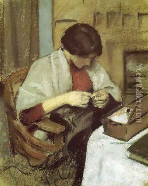 Elisabeth Gerhardt Sewing (Elisabeth Gerhardt Nahend) 1909 Oil Painting - August Macke