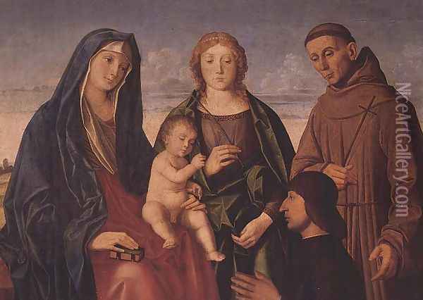The Virgin and Child with St. Francis, a Female Saint and Donor Oil Painting - Vincenzo di Biagio Catena