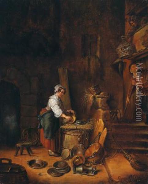 Una Serva Lava Dei Piatti Di Stagno Oil Painting - Watteau, Jean Antoine