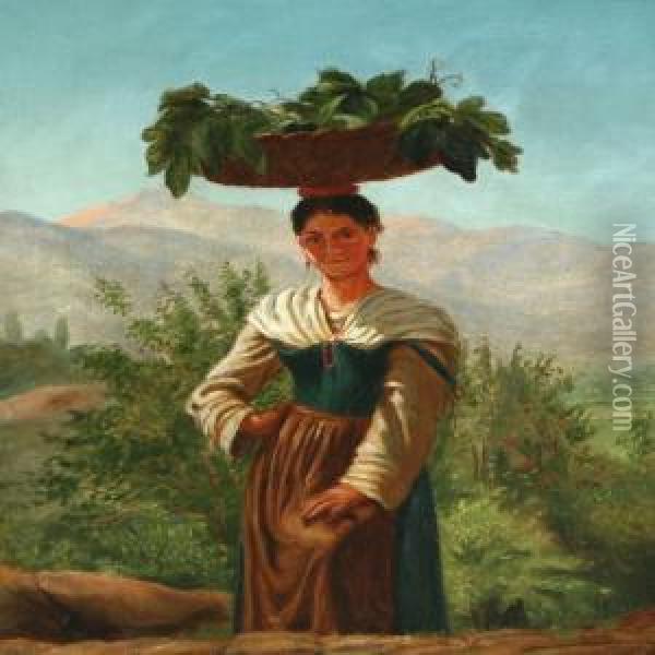 Italian Scenery Withpeasant In The Front Oil Painting - Frederick Christian Lund