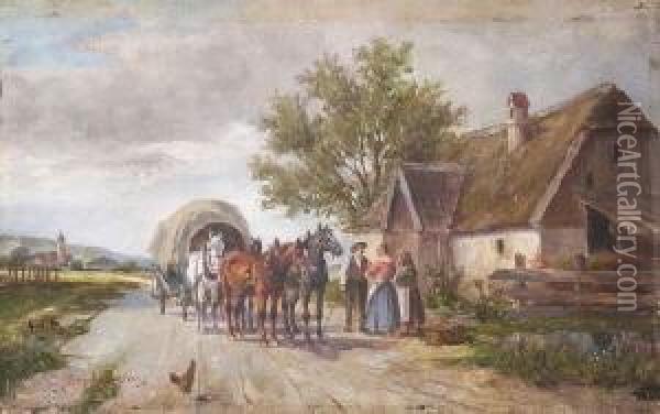 Pferdefuhrwerk Vor Dem
 Bauernhaus. Oil Painting - Ludwig Muller-Cornelius