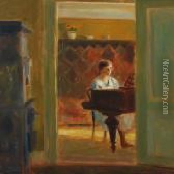 Interior With Woman By The Piano Oil Painting - Poul Friis Nybo