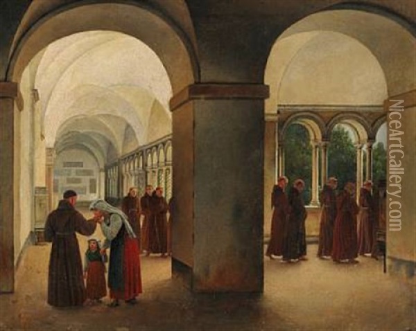 Procession Of Monks In A Cloister, Presumably From The Monastery Of The Basilica Of San Paolo Fuori Le Mura In Rome. In The Foreground A Young Italian Woman Kissing The Hand Of Her Confessor Oil Painting - Christoffer Wilhelm Eckersberg