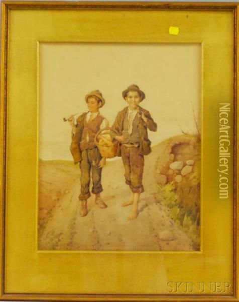 Two Young Boys With Pipes Oil Painting - Filippo Indoni