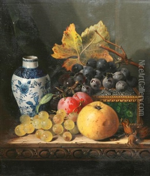 Still Life With Fruit And Walnuts; Still Life With Chinese Vase Oil Painting - Edward Ladell