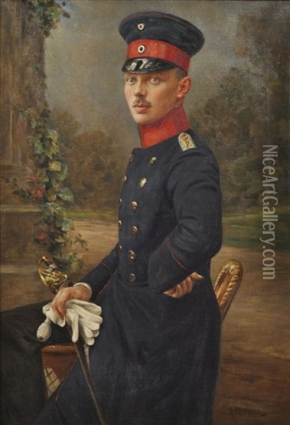 Bildnis Eines Jungen Offiziers In Preusischer Uniform Oil Painting - Richard Eisermann