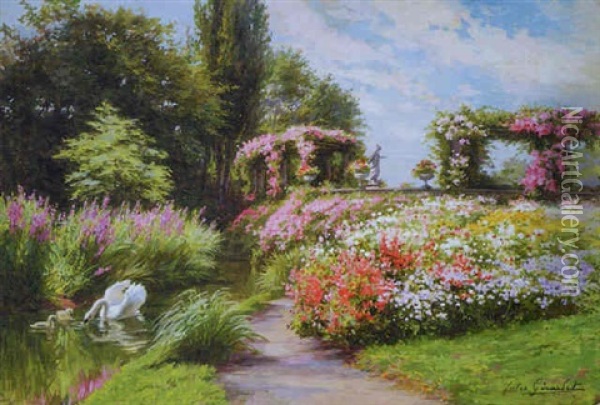Cygnes Et Jardin Fleuri Oil Painting - Jules Girardet